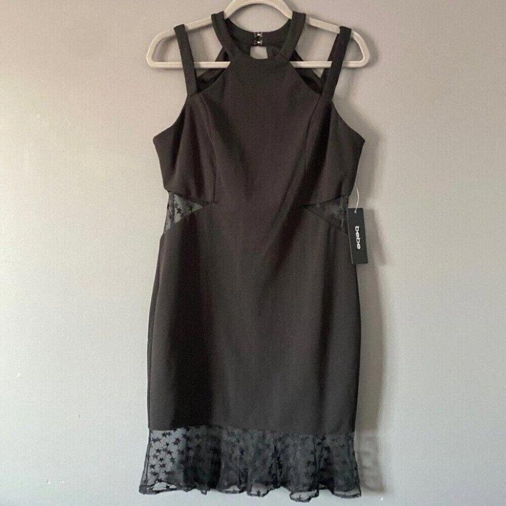 Bebe Black Star Mesh Mini Dress Harness Bodycon Whimsigoth Gothic 8 - Picture 2 of 16